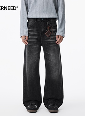 NEVERNEED黑色水洗猫须牛仔裤男秋季美式复古微喇宽松直筒阔腿裤
