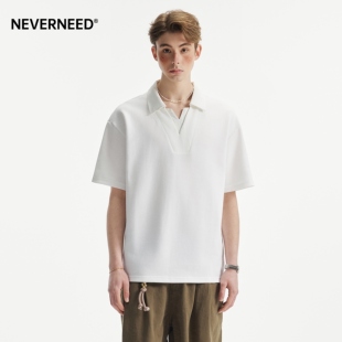 NEVERNEED拼接双V领短袖T恤男女夏季美式休闲简约纯色半袖上衣潮