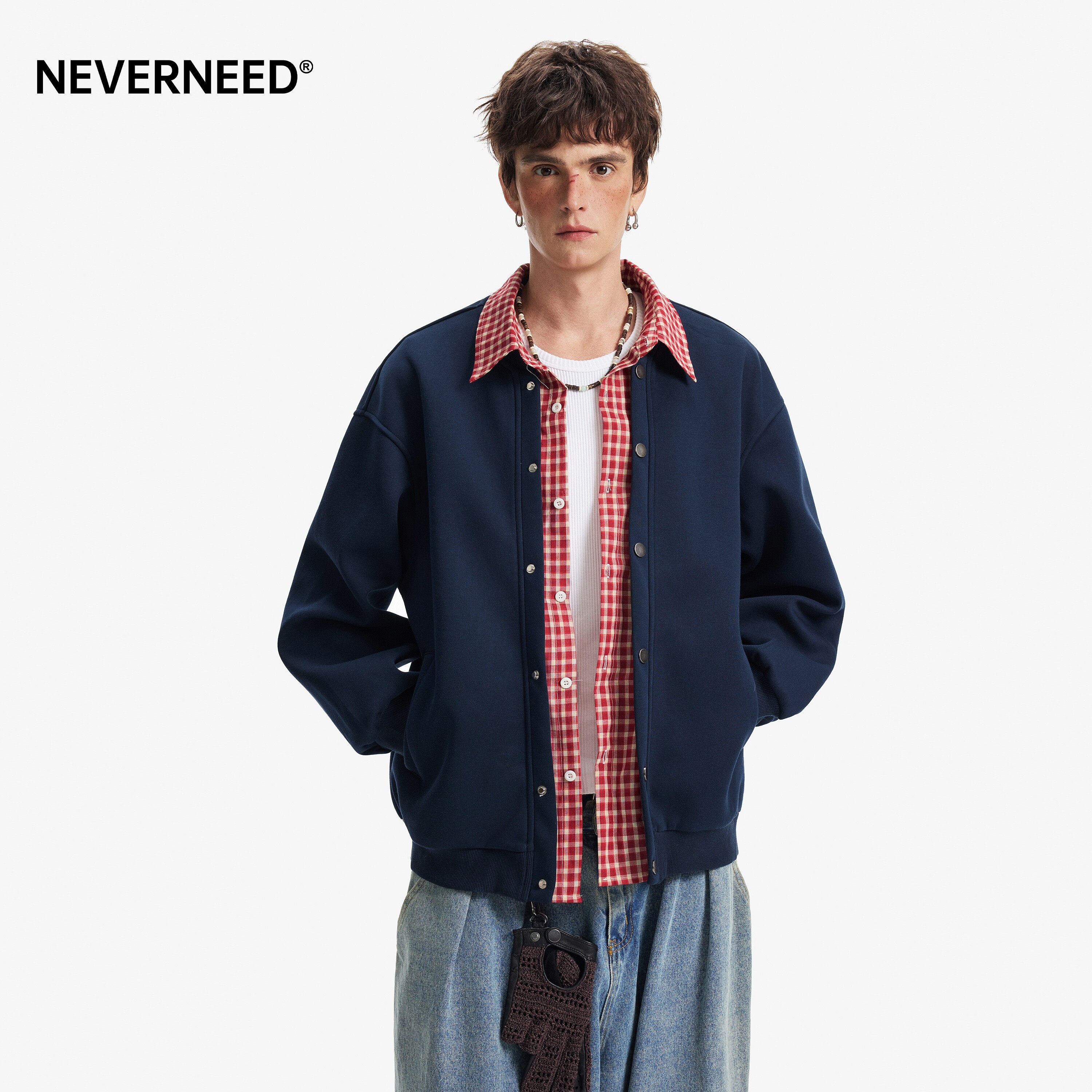 NEVERNEED假两件格纹polo领卫衣图片