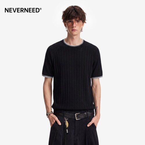 NEVERNEED绵羊毛撞色圆领短袖T恤