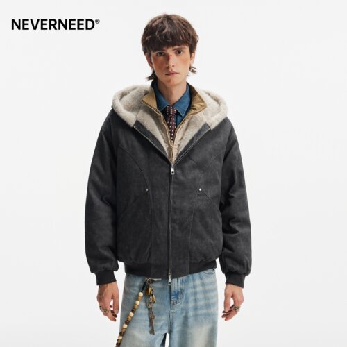 NEVERNEED座山雕短款毛领棉衣男