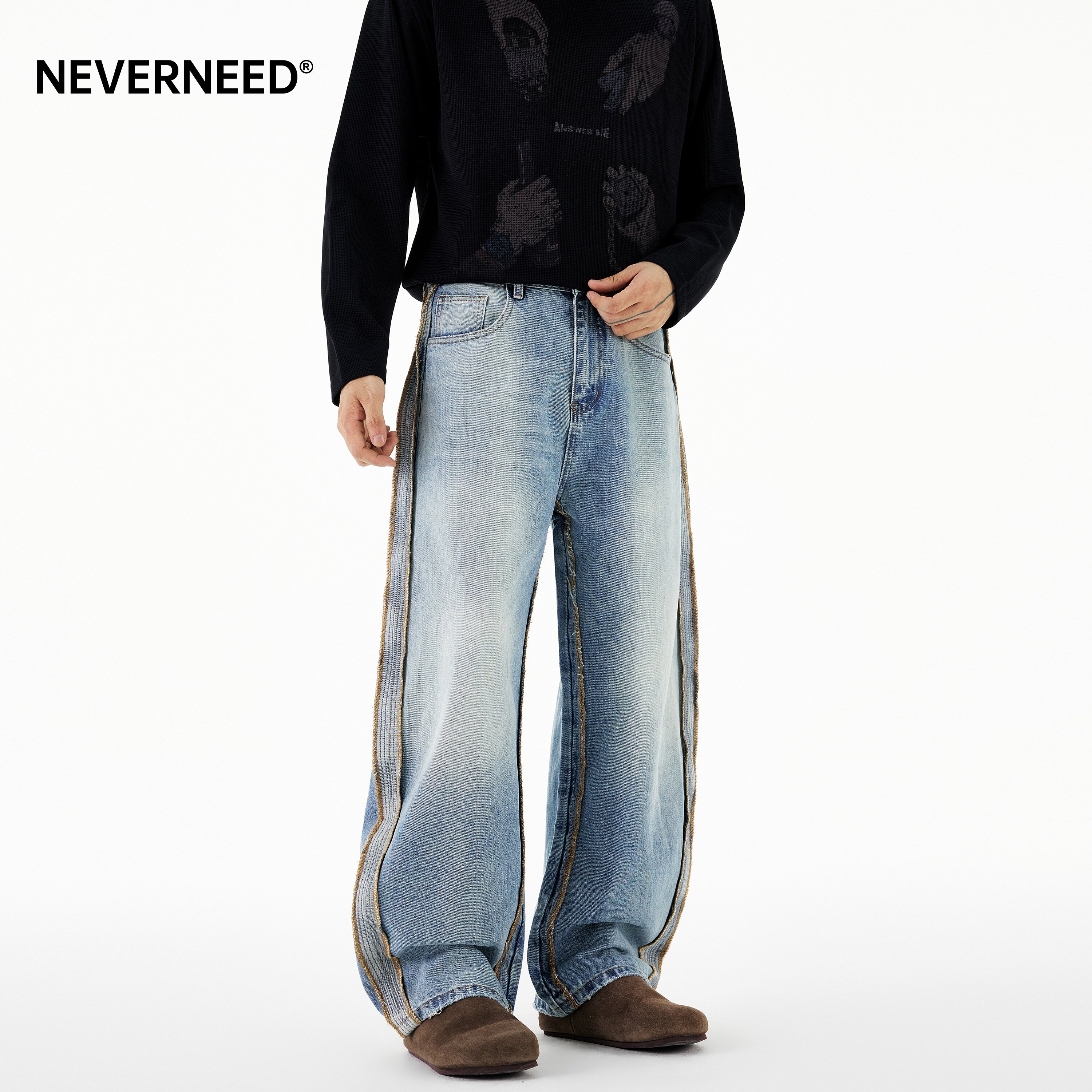 NEVERNEED拼接条纹弯刀牛仔裤男图片