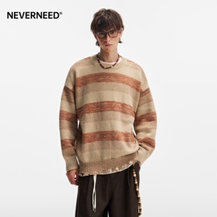 NEVERNEED条纹圆领毛衣男女秋季美式复古撞色情侣宽松套头针织衫