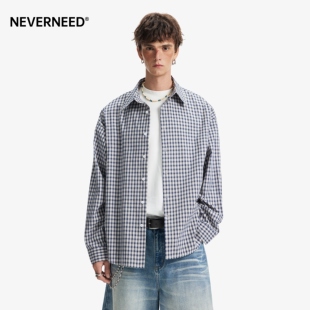 NEVERNEED高智感翻领长袖格子衬衫男女春季美式情侣休闲衬衣外套