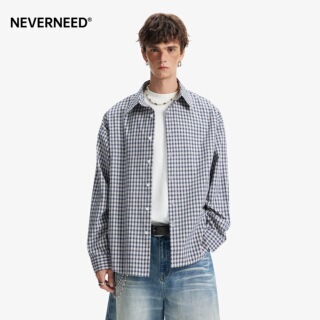 NEVERNEED高智感翻领长袖格子衬衫男女春季美式情侣休闲衬衣外套
