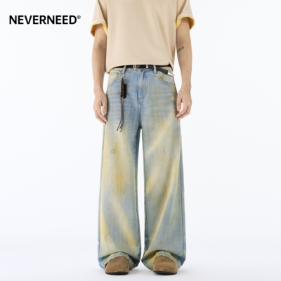 NEVERNEED水洗做旧直筒牛仔裤男