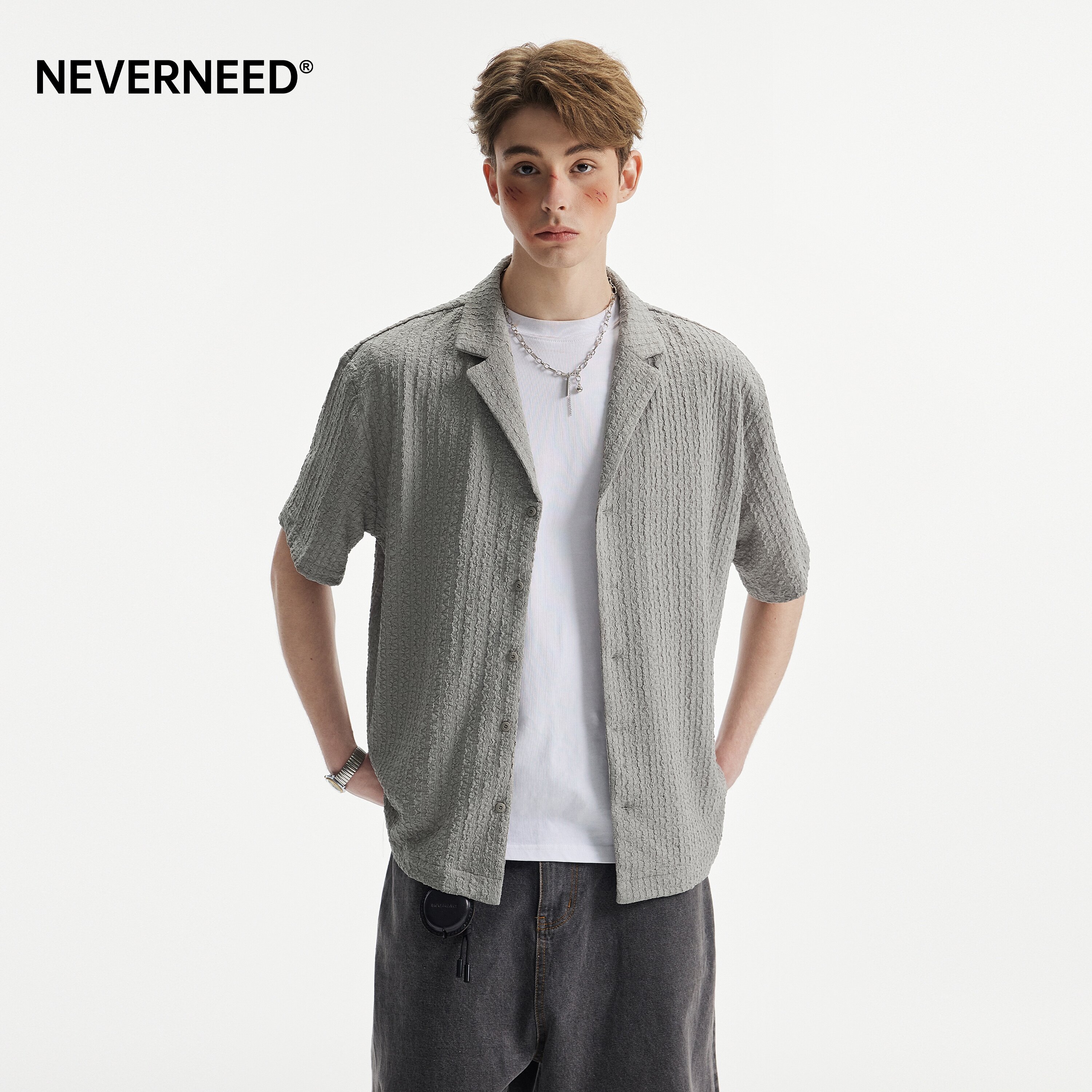 NEVERNEED提花古巴领短袖衬衫男图片