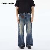NEVERNEED闪电爆裂纹直筒牛仔裤 街头水洗做旧阔腿裤 男女春季 美式
