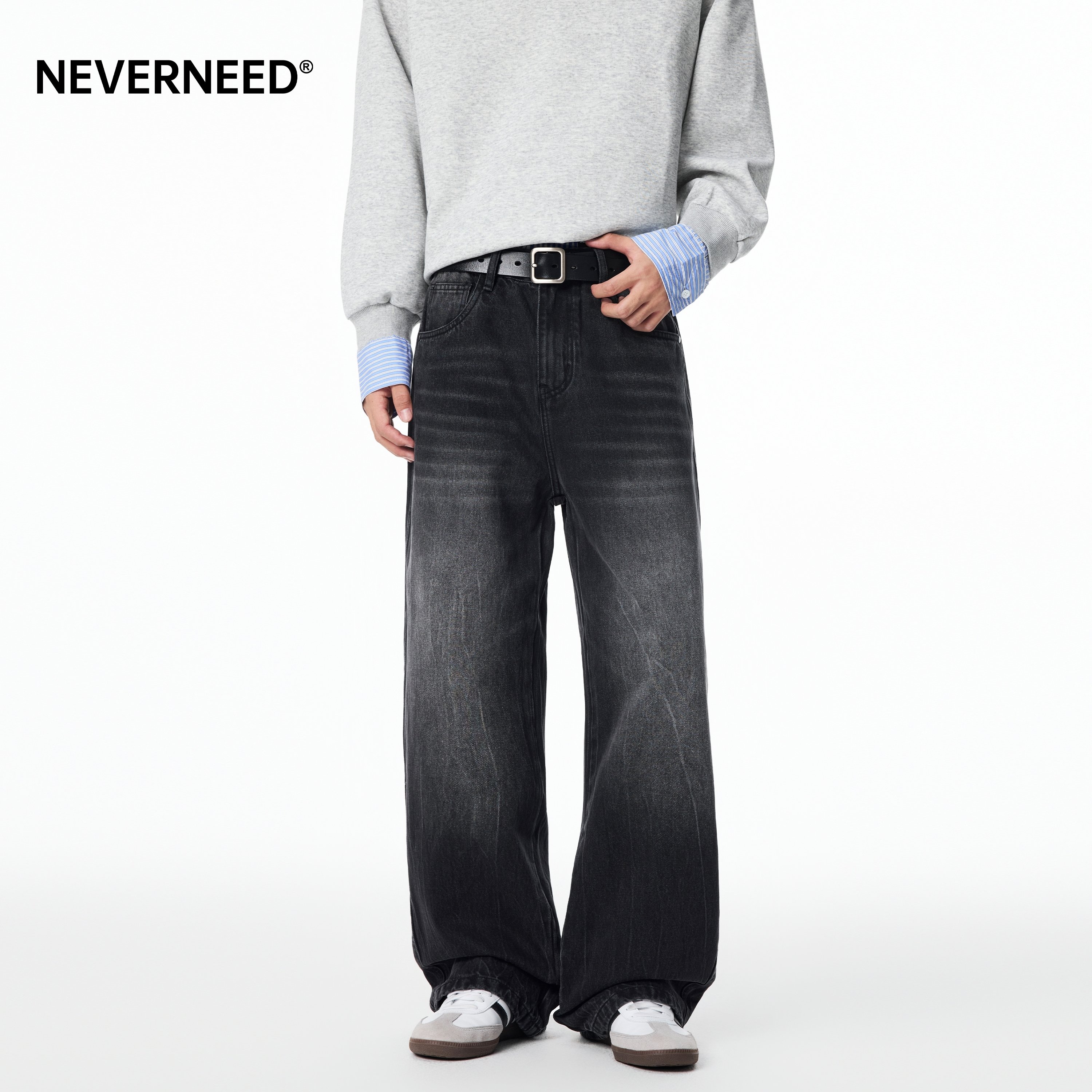 NEVERNEED水洗猫须直筒牛仔裤男图片