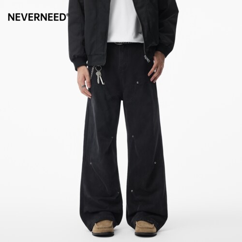 NEVERNEED铆钉拼接直筒休闲裤男