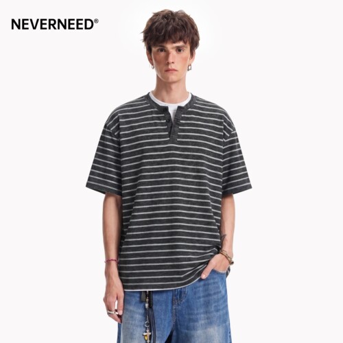 NEVERNEED假两件条纹撞色短袖T恤