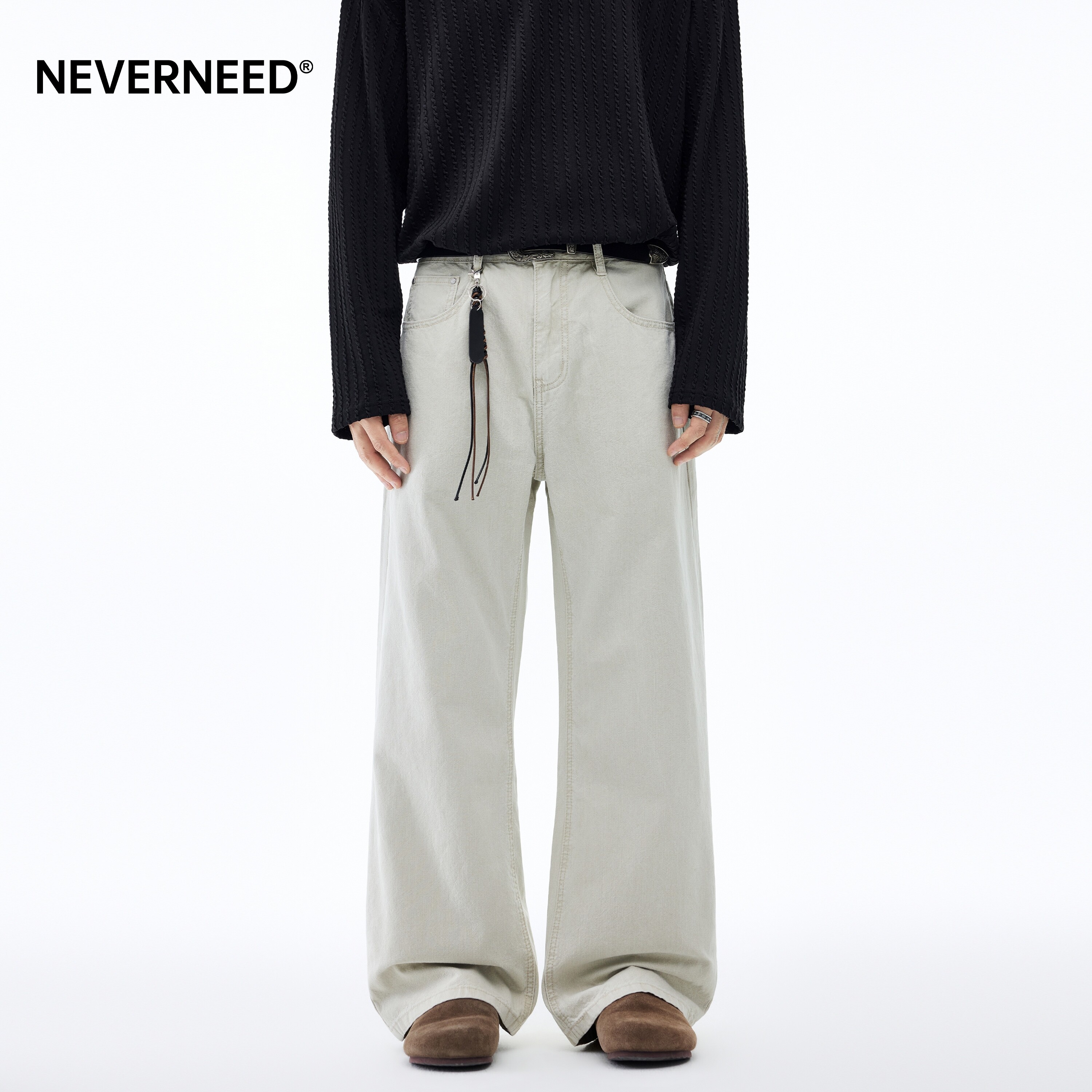 NEVERNEED纯棉阔腿牛仔裤男春季美式潮牌cleanfit休闲水洗微喇裤