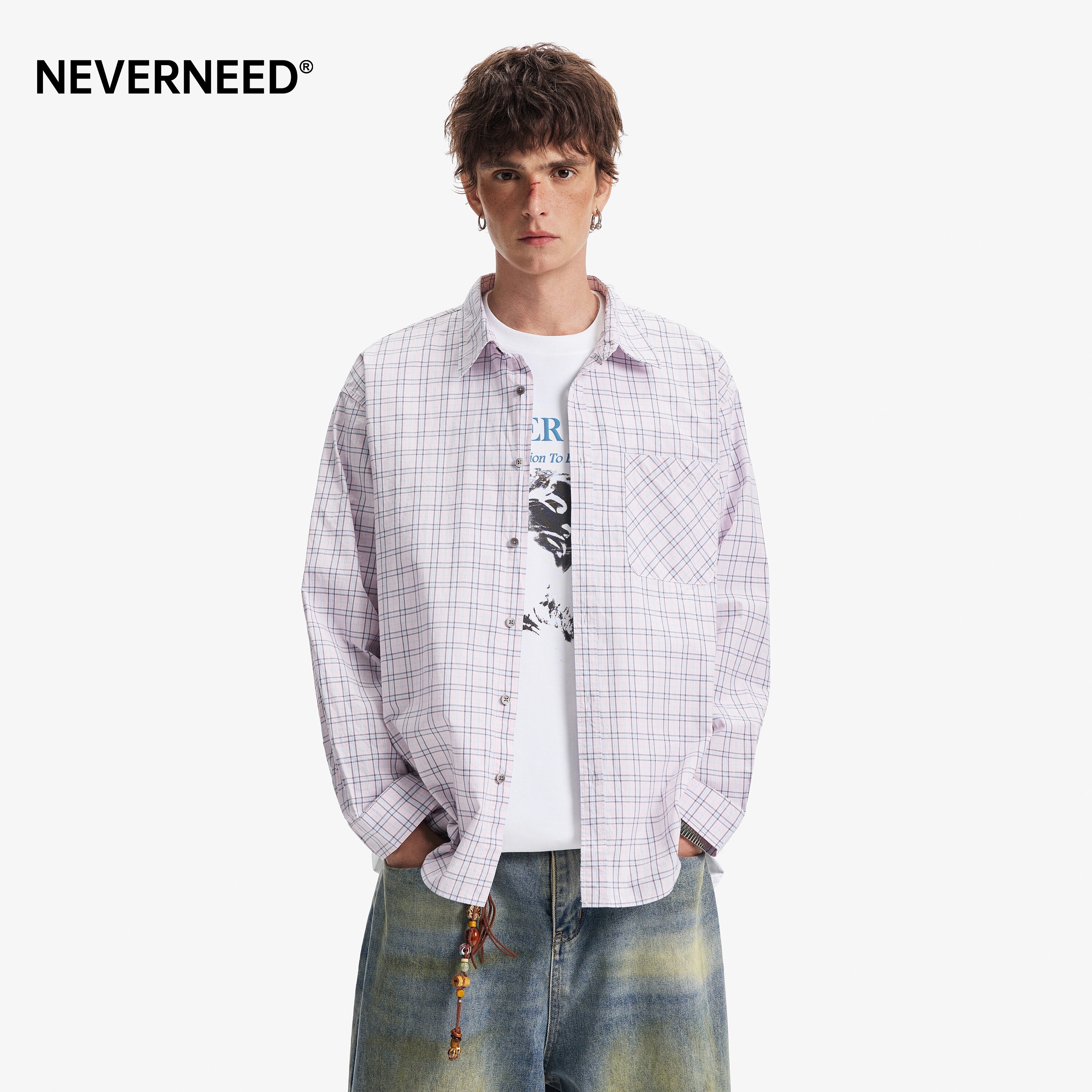 NEVERNEED撞色格子长袖衬衫男图片