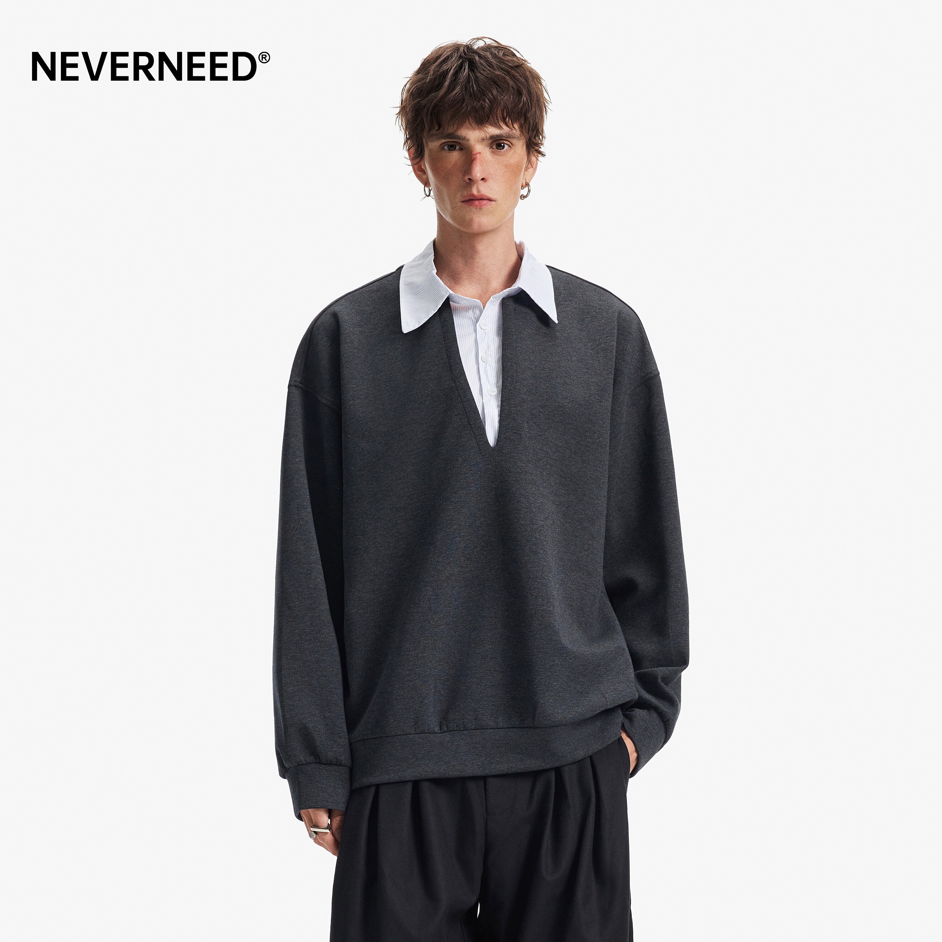 NEVERNEED假两件polo领卫衣男图片