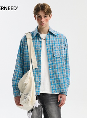 NEVERNEED蓝色格纹毛边长袖衬衫男女秋季美式潮牌情侣款宽松衬衣