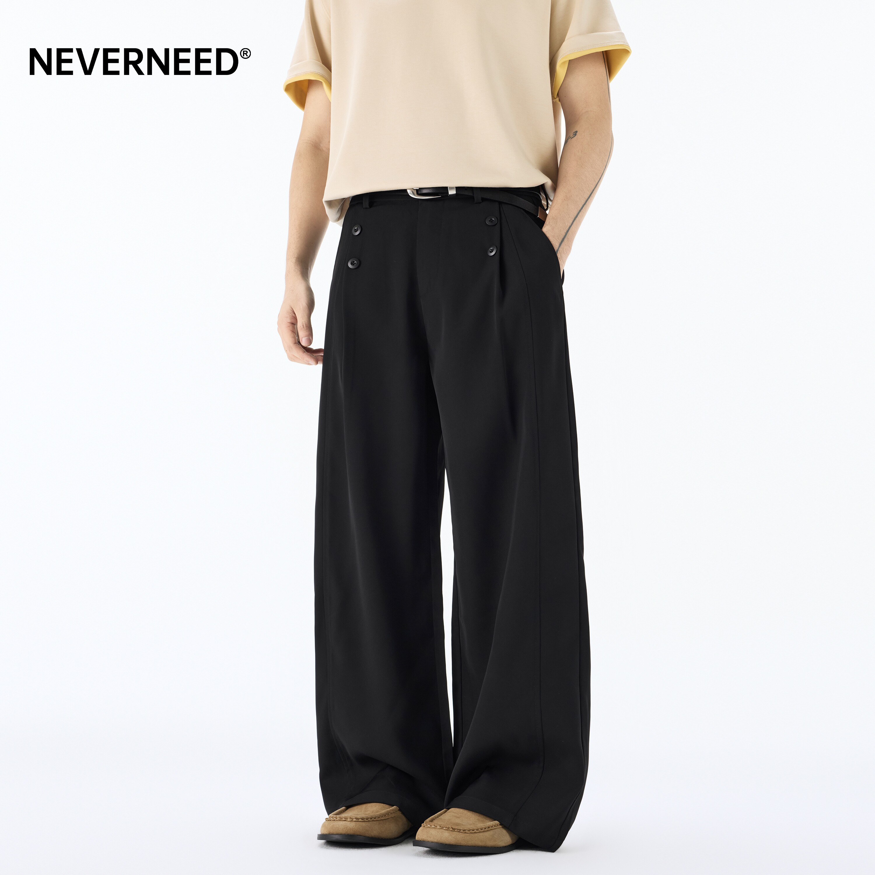 NEVERNEED纽扣装饰直筒休闲裤男女夏季美式vibe设计感纽扣长裤潮