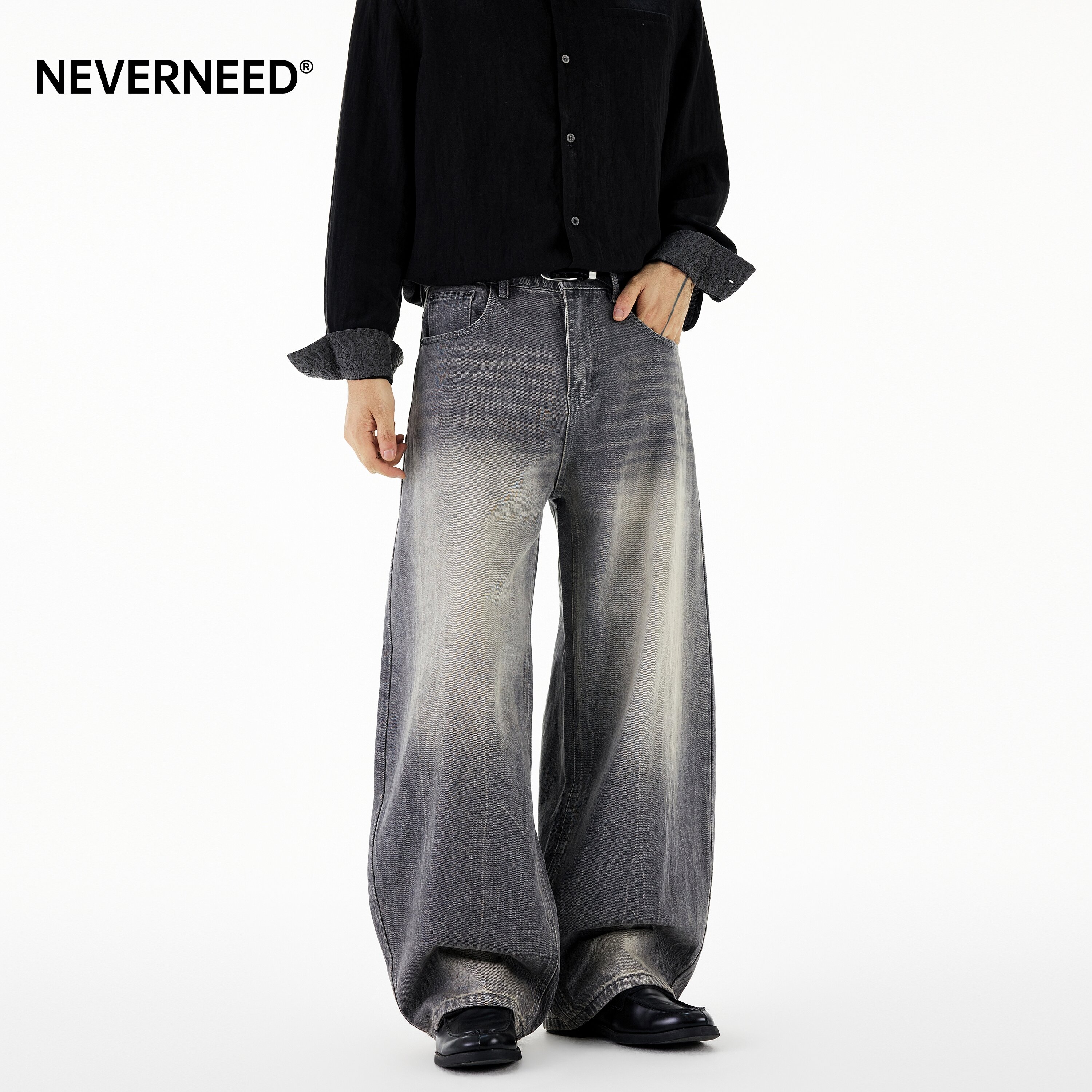 NEVERNEED猫须水洗弯刀牛仔裤男图片