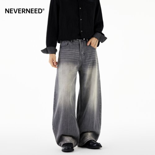 NEVERNEED猫须水洗弯刀牛仔裤男