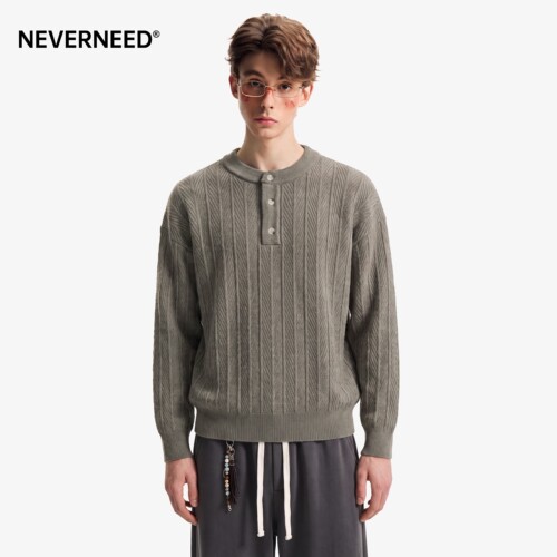 NEVERNEED亨利领坑条毛衣男女秋