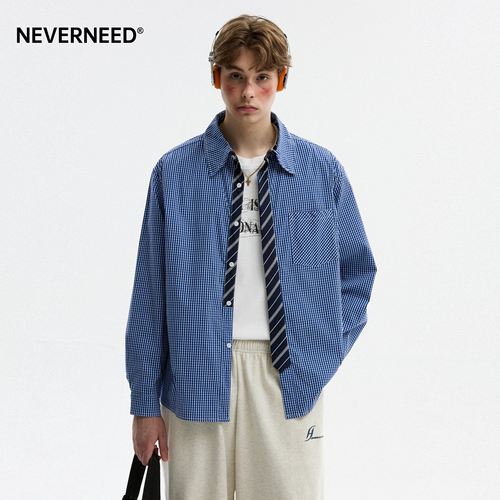 NEVERNEED假领带格子翻领衬衫