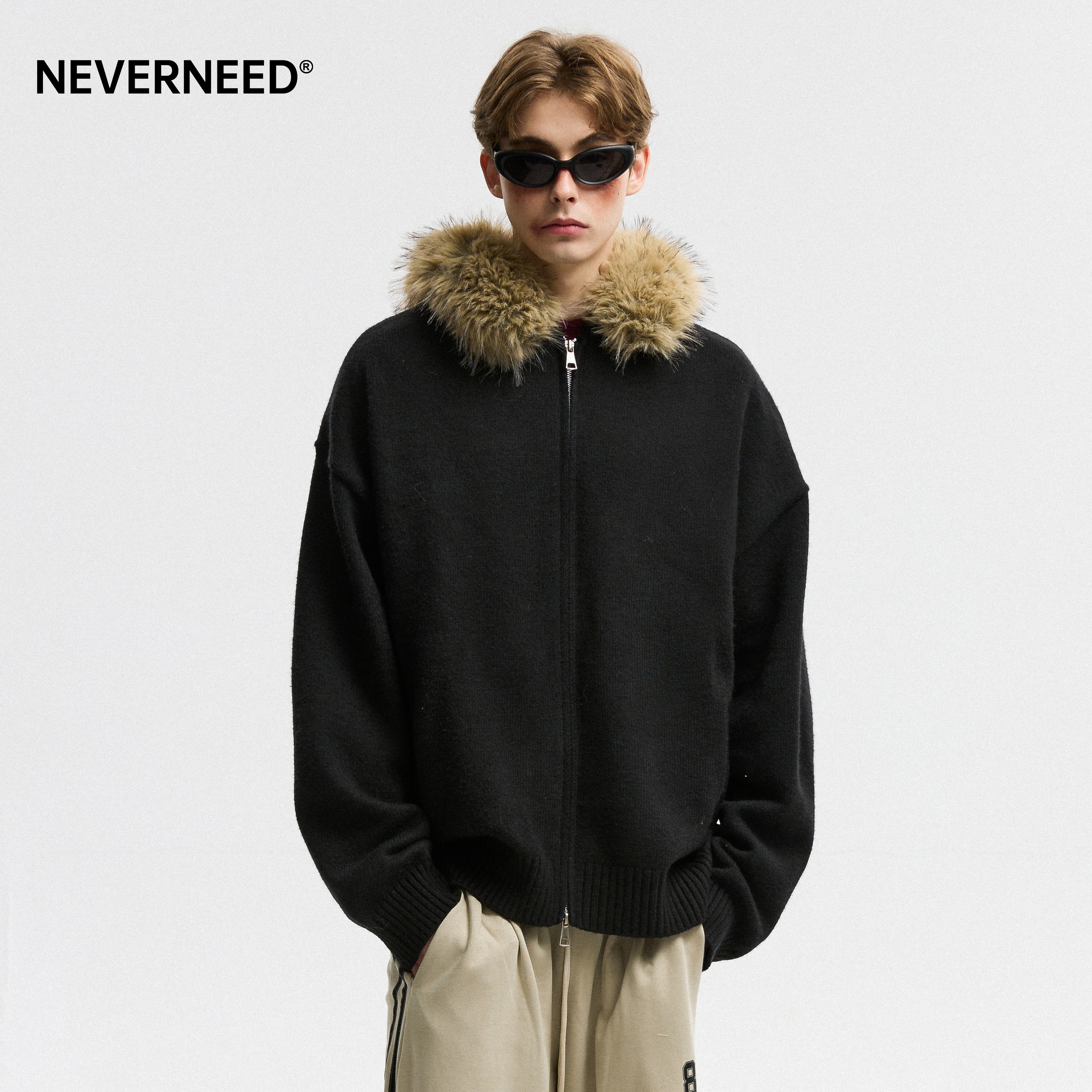 NEVERNEED双拉链连帽毛衣男女