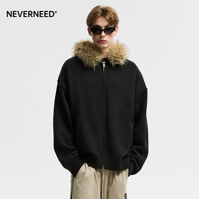 NEVERNEED双拉链连帽毛衣男女