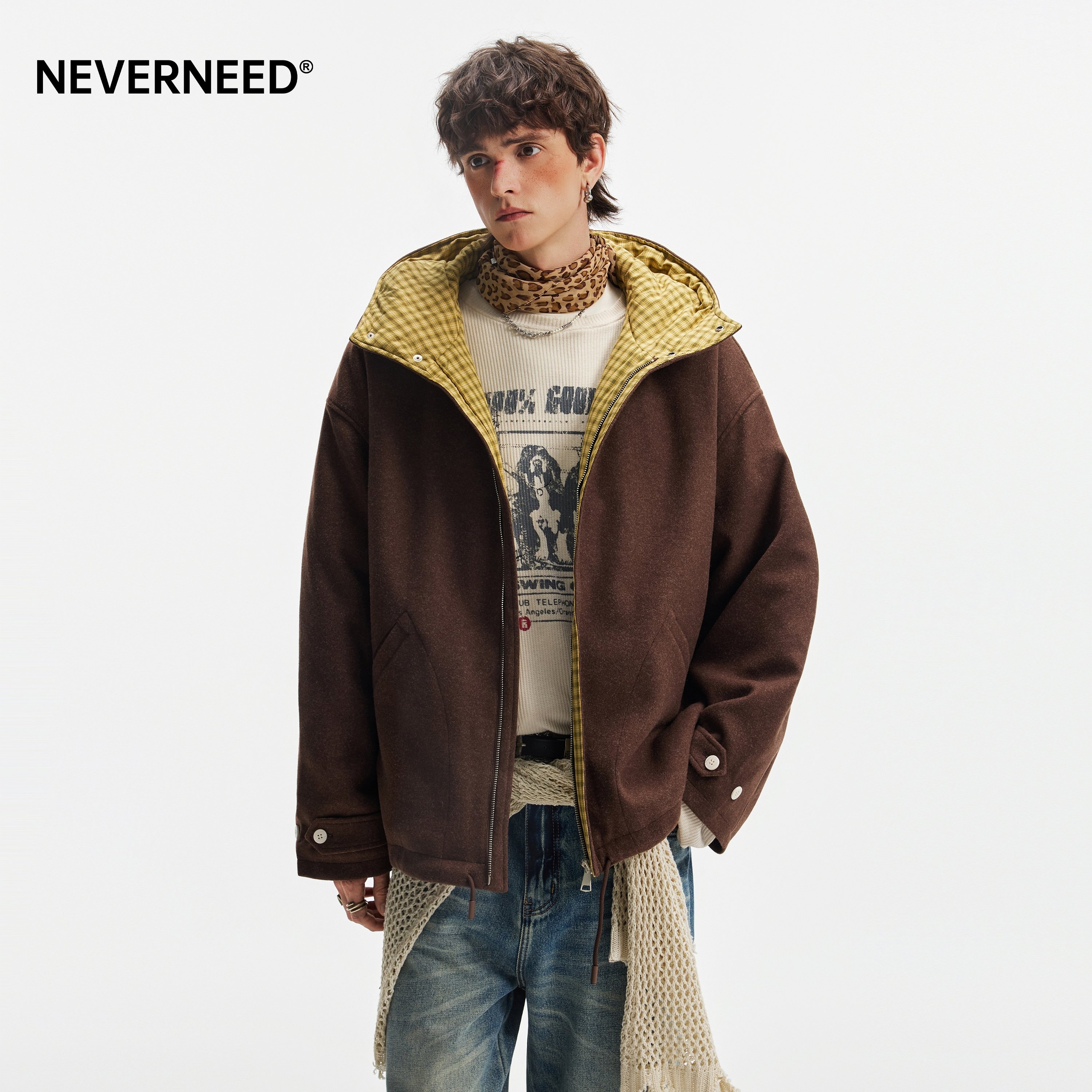 NEVERNEED假两件格子棉衣男女图片