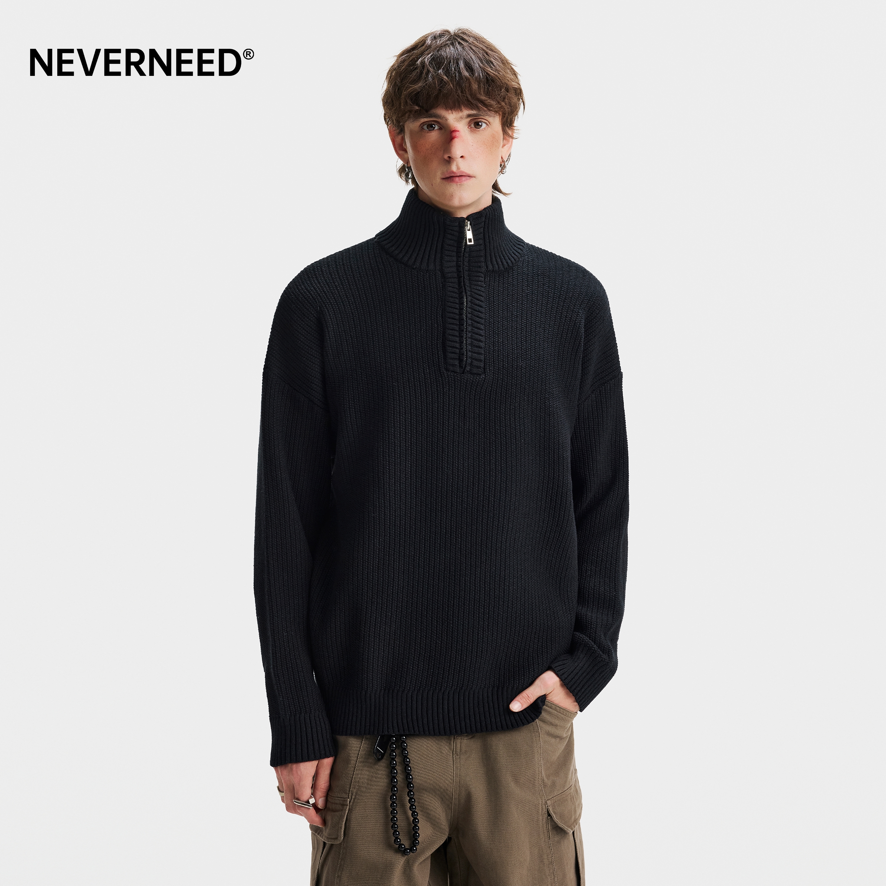 NEVERNEED半拉链立领毛衣男