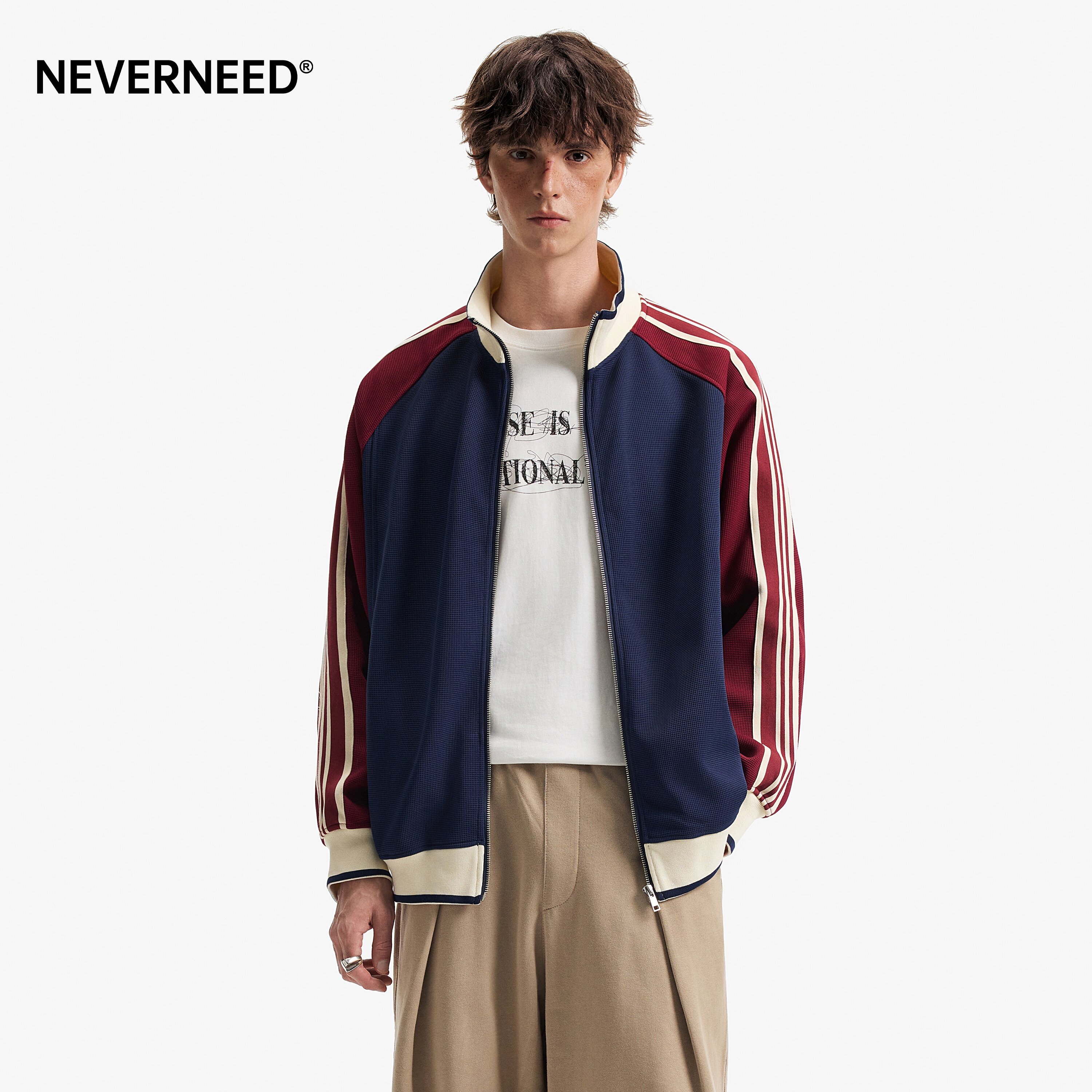 NEVERNEED华夫格撞色条纹卫衣图片