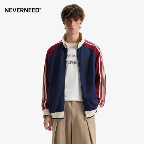 NEVERNEED华夫格撞色条纹卫衣
