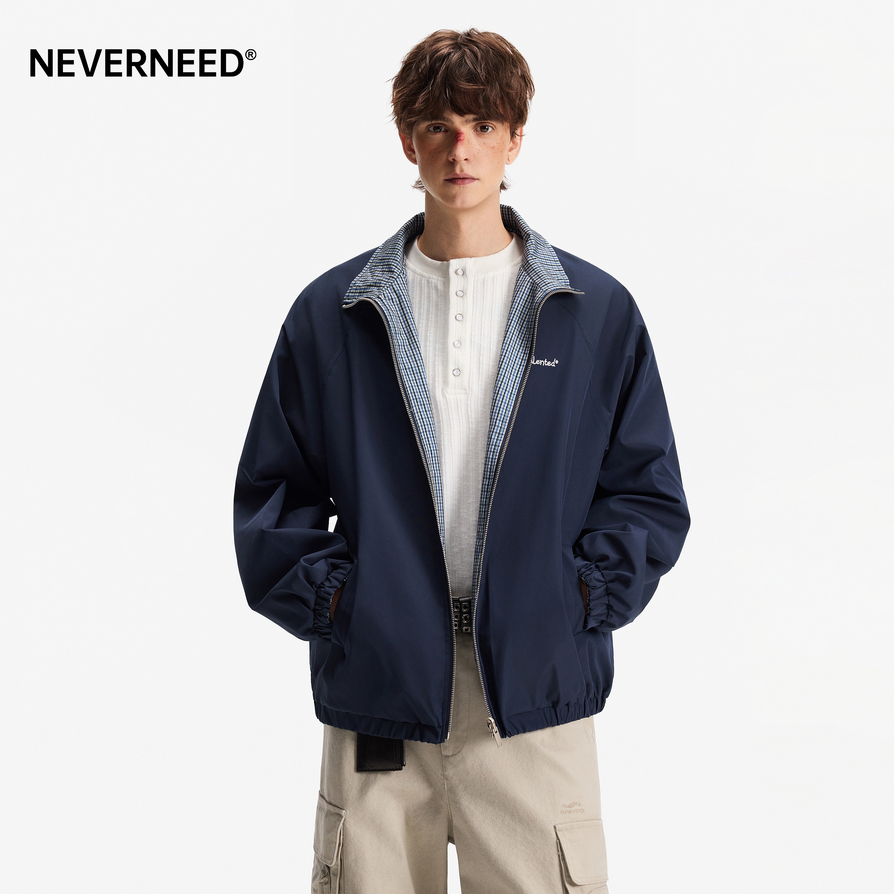 NEVERNEED双面穿翻领夹克外套男女春季美式cleanfit潮牌刺绣上衣