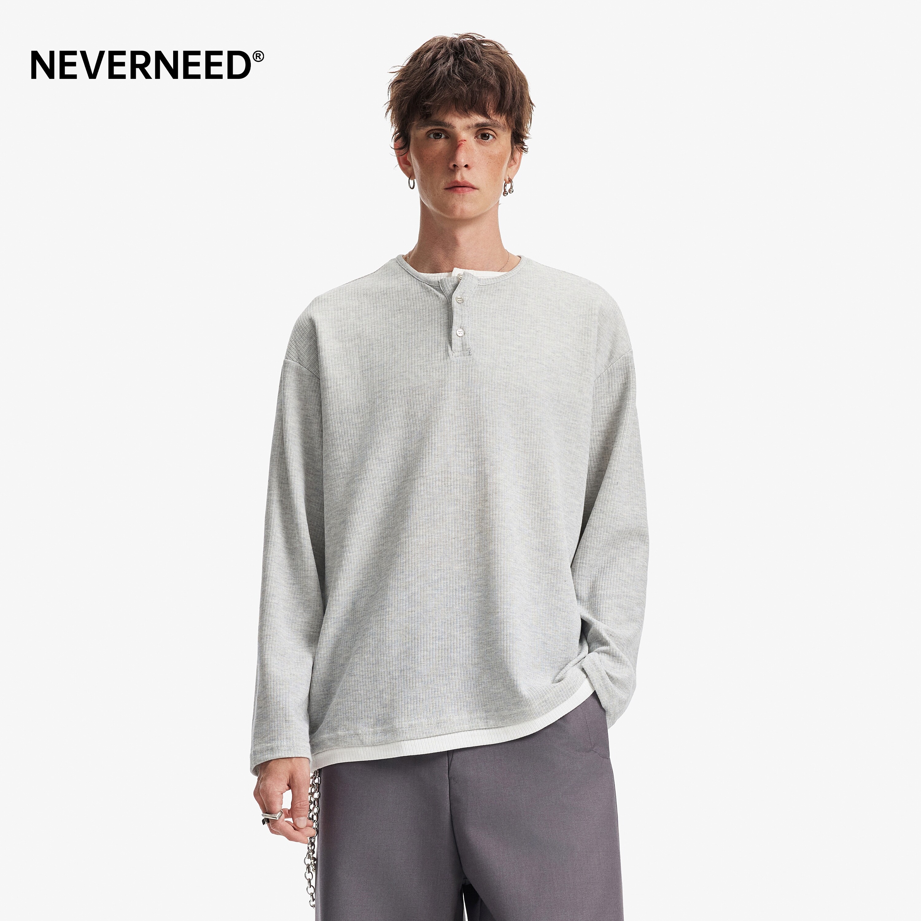 NEVERNEED老钱风亨利领长袖T恤男图片