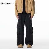 男女秋季 美式 复古多口袋工装 NEVERNEED水洗做旧直筒休闲裤 A字裤 子