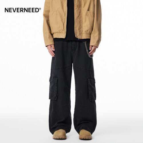 NEVERNEED水洗做旧直筒休闲裤男女秋季美式复古多口袋工装A字裤子 - 封面