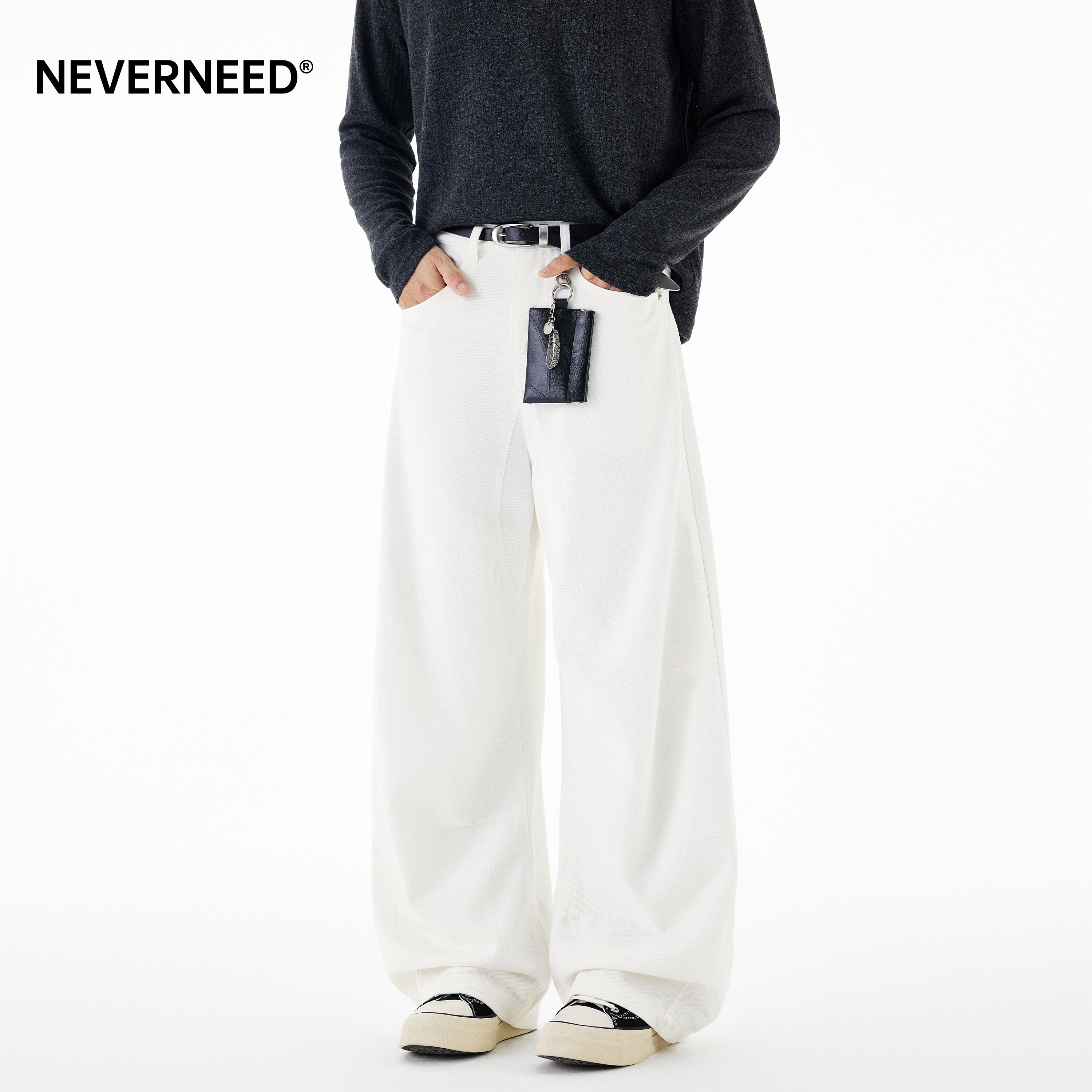 NEVERNEED白色直筒休闲裤男女秋图片