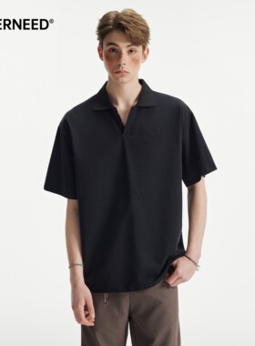 NEVERNEED美式纯色V领POLO衫男女夏季复古vibe简约休闲半袖T恤潮
