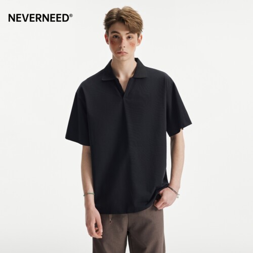 NEVERNEED美式纯色V领POLO衫男女夏季复古vibe简约休闲半袖T恤潮