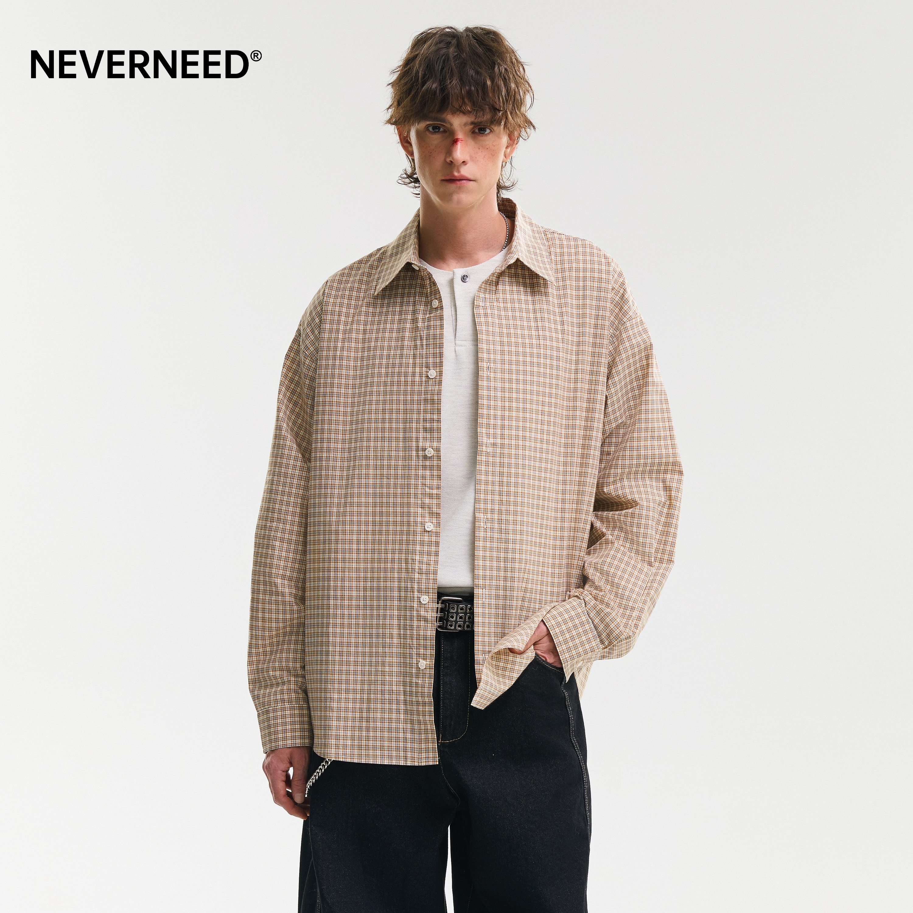 NEVERNEED美式长袖翻领衬衫男女图片
