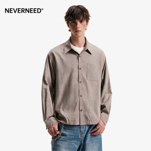 NEVERNEED格子翻领长袖衬衫男