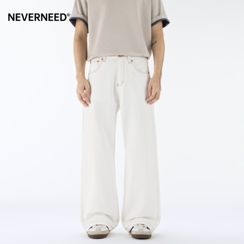 NEVERNEED白色明线直筒牛仔裤男
