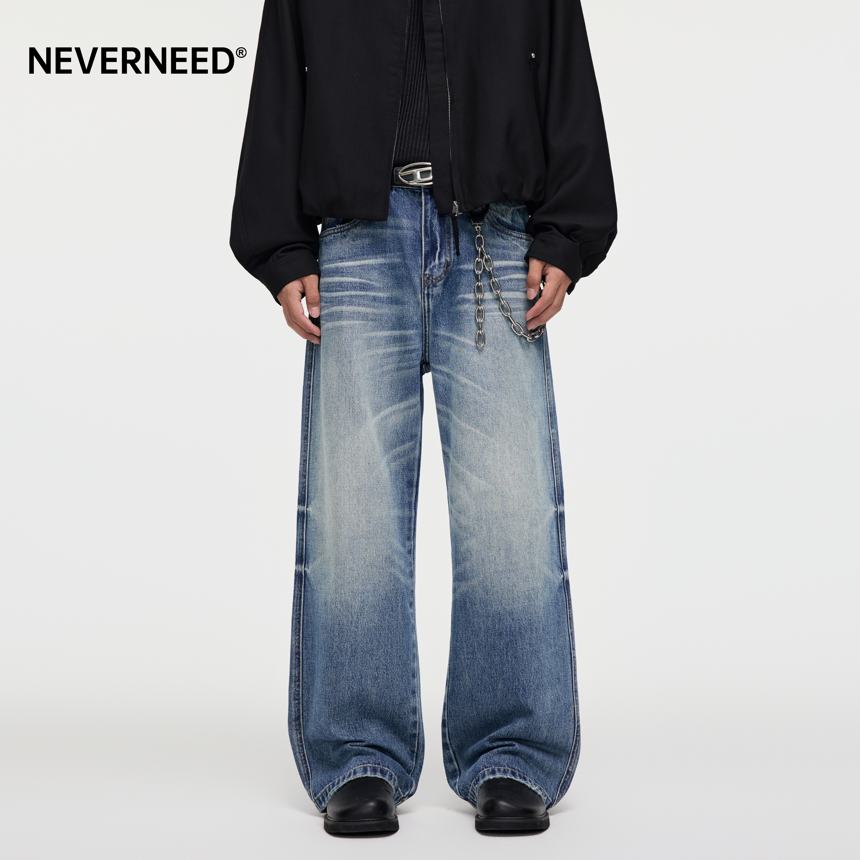 NEVERNEED猫须宽松直筒牛仔裤男