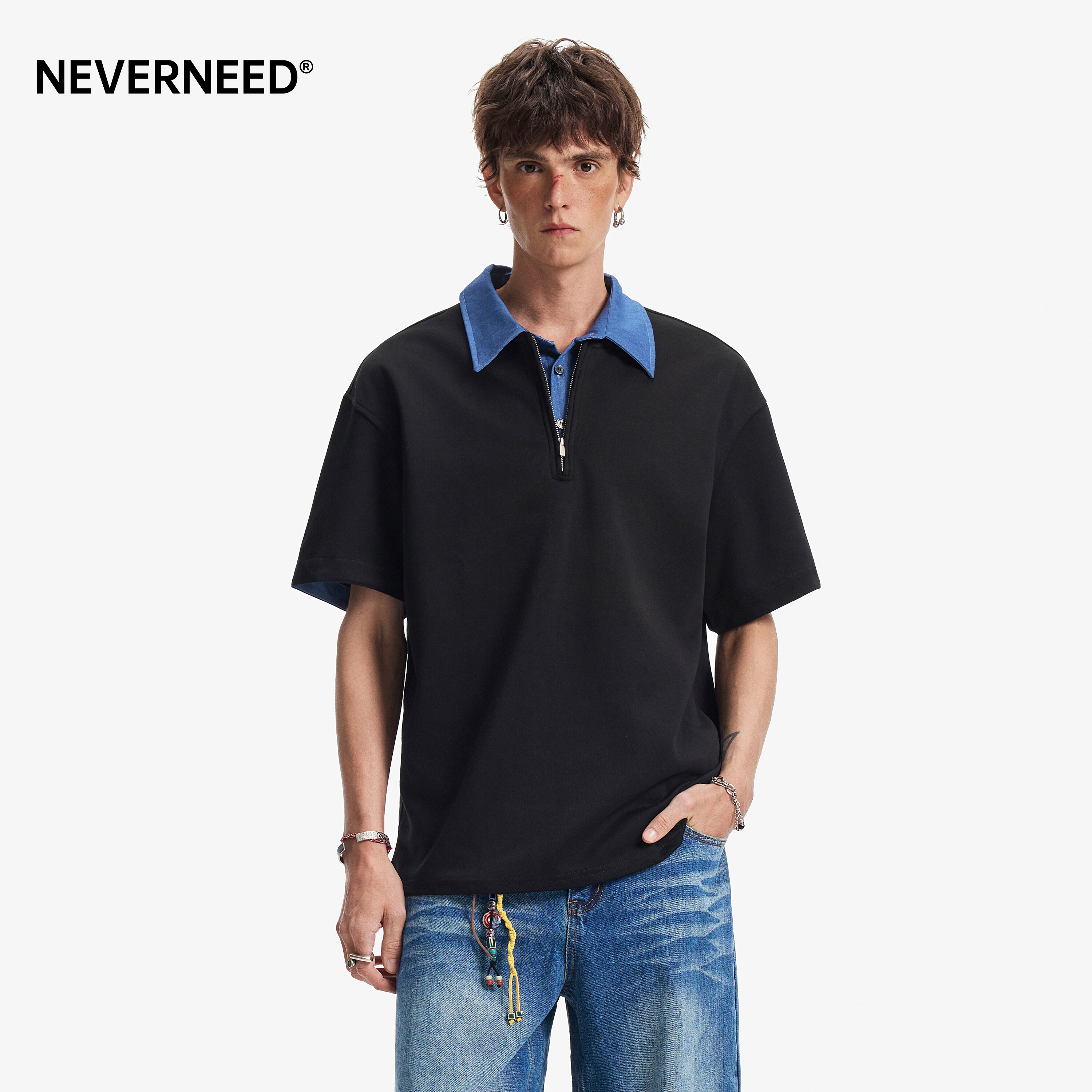 NEVERNEED假两件半拉链Polo衫男图片