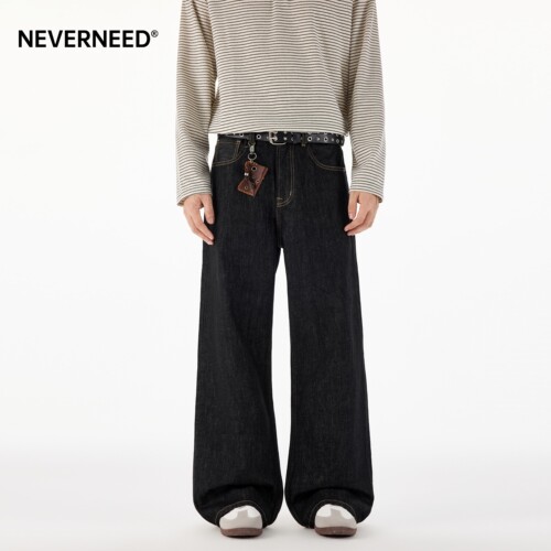 NEVERNEED拼接直筒牛仔裤男女