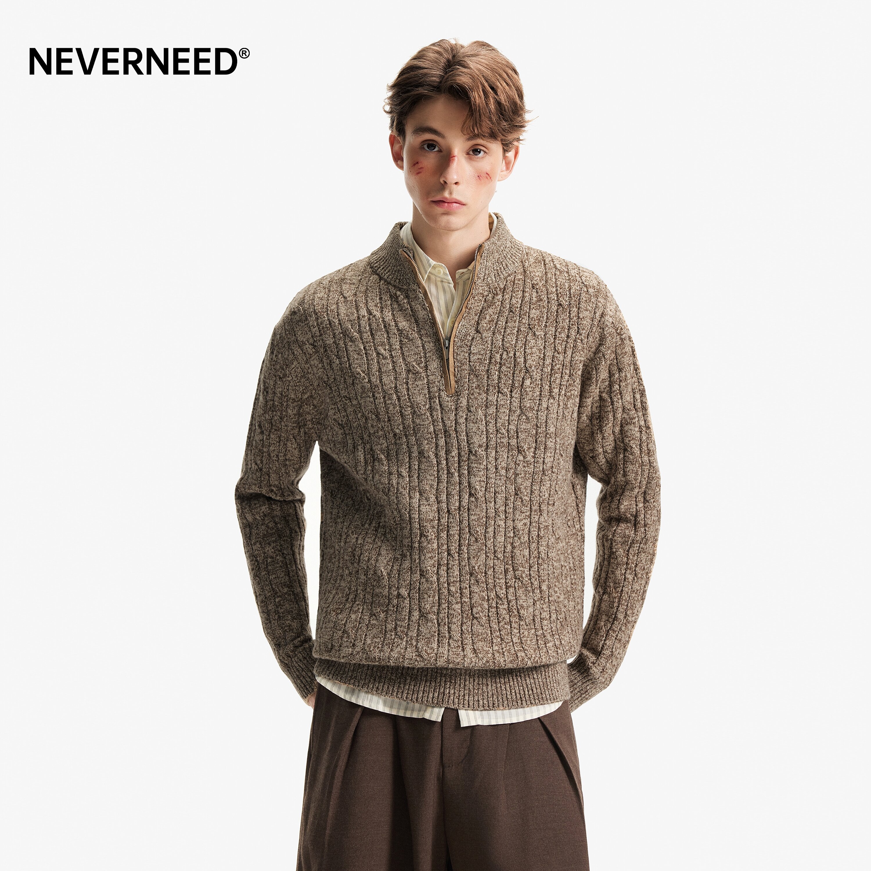 NEVERNEED绵羊毛麻花针织毛衣男图片