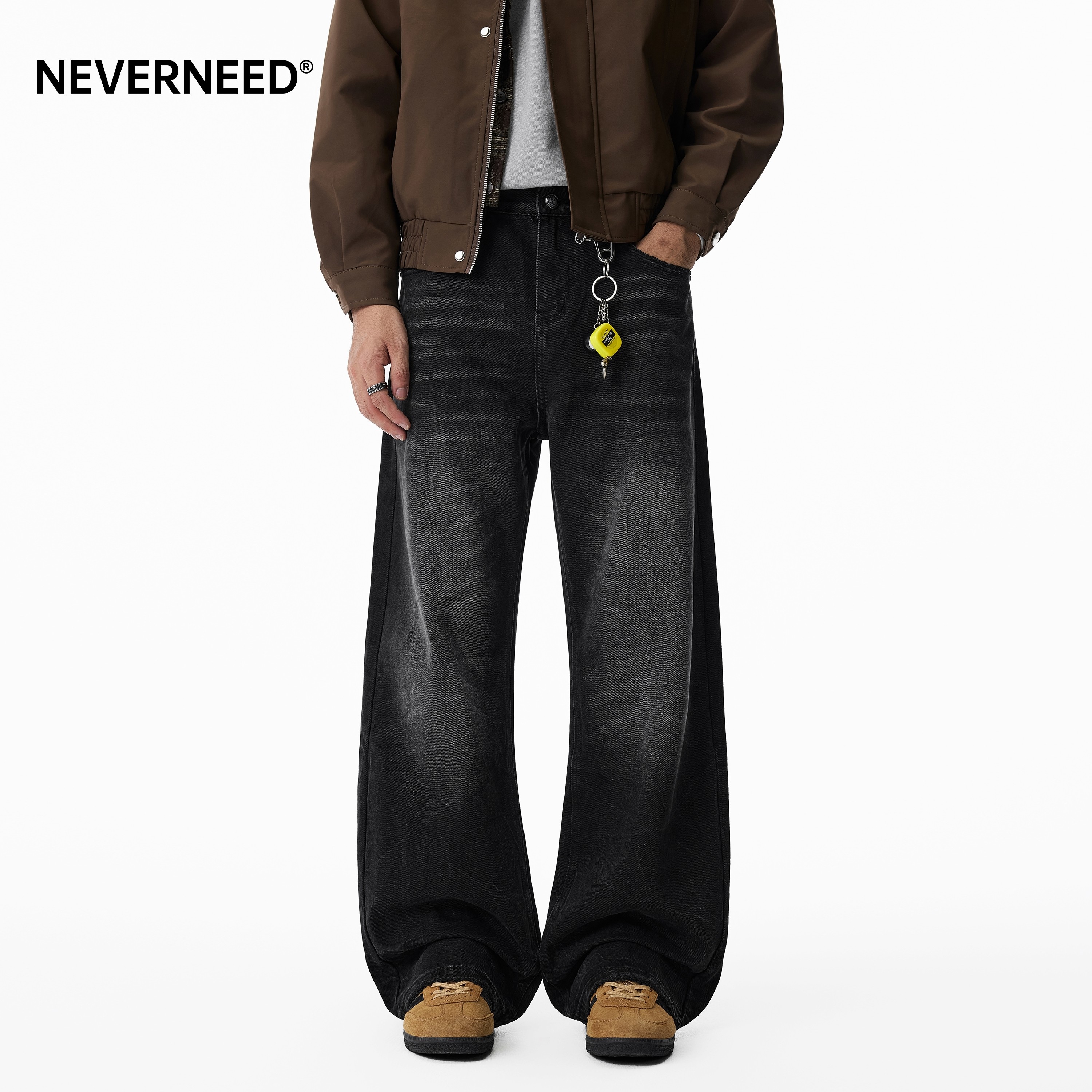 NEVERNEED闪电纹猫须直筒牛仔裤男秋季美式复古vibe水洗微喇长裤