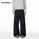 宽松明线设计感阔腿A字裤 男女秋季 复古原色牛仔裤 NEVERNEED美式
