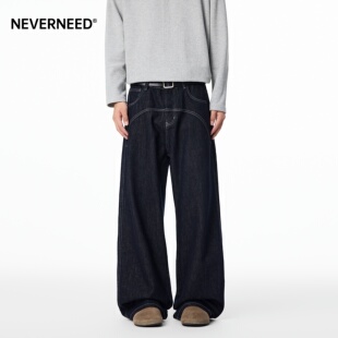 宽松明线设计感阔腿A字裤 男女秋季 复古原色牛仔裤 NEVERNEED美式