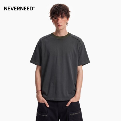 NEVERNEED解构拼接圆领短袖T恤男