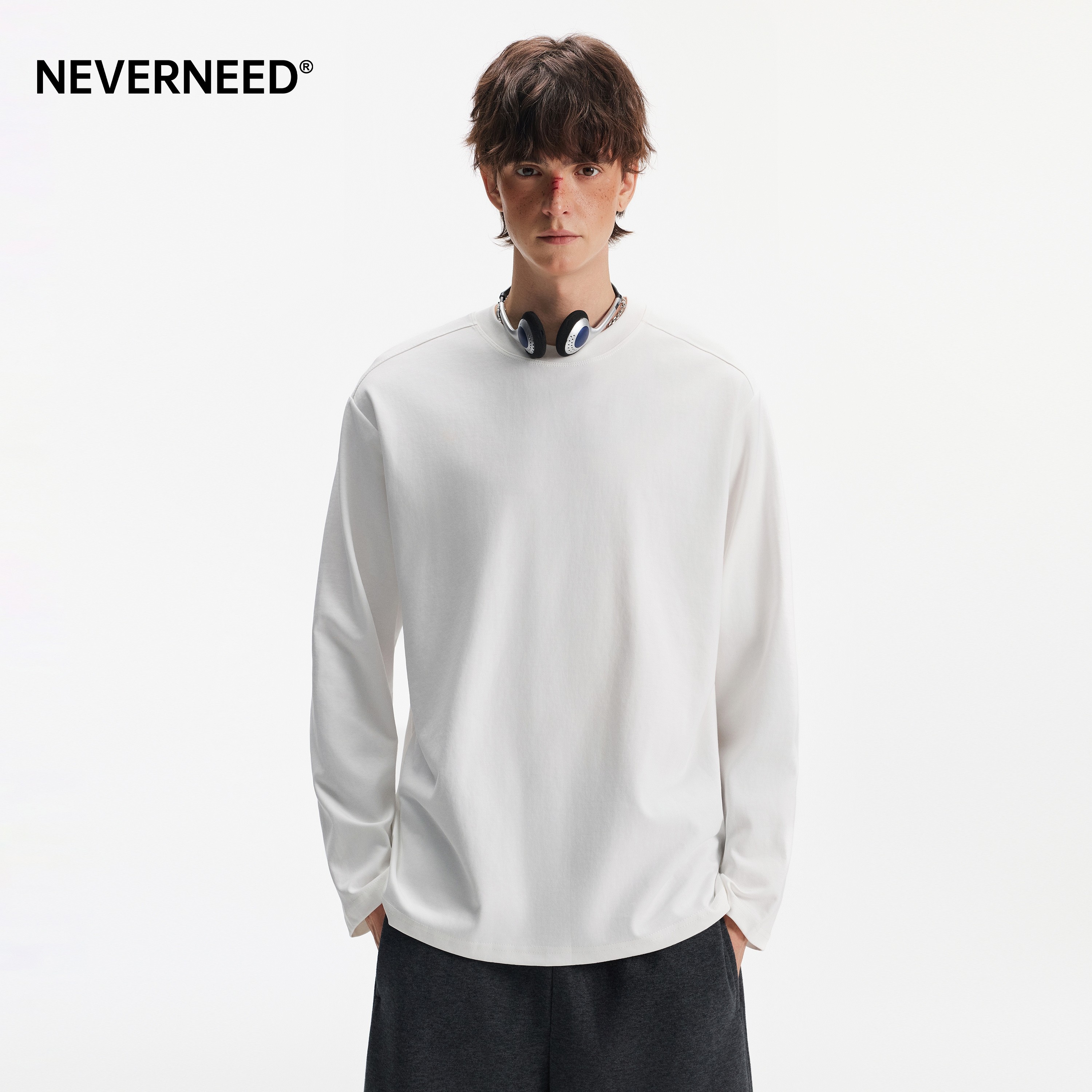 NEVERNEED240g重磅正肩长袖T恤男春季美式纯色圆领内搭打底衫上衣
