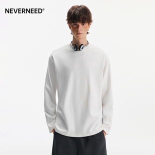 NEVERNEED240g重磅正肩长袖T恤男春季美式纯色圆领内搭打底衫上衣